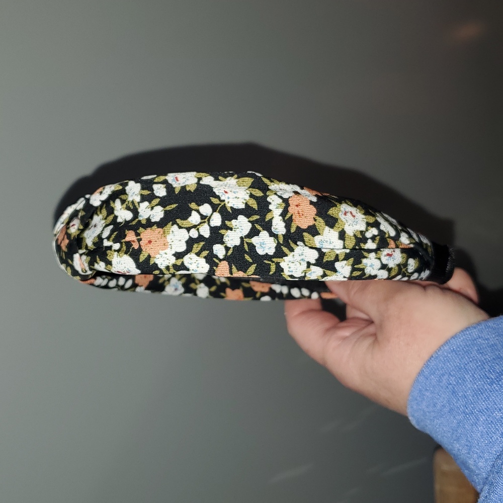 New handmade boutique floral top knot flexible wide headband - Picture 2 of 5